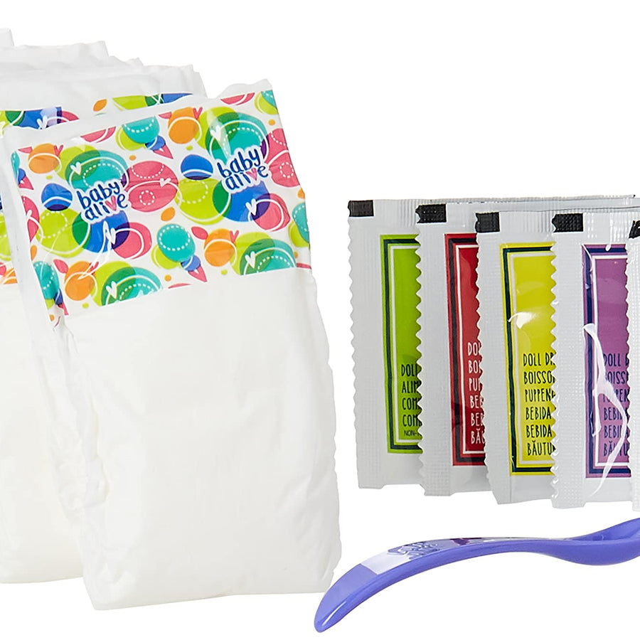 Baby Alive Doll Accessories Refill, 10 Powdered Doll Food Packets, 5 Doll Diapers, Spoon, Toy for Kids Ages 3 Years Old and Up