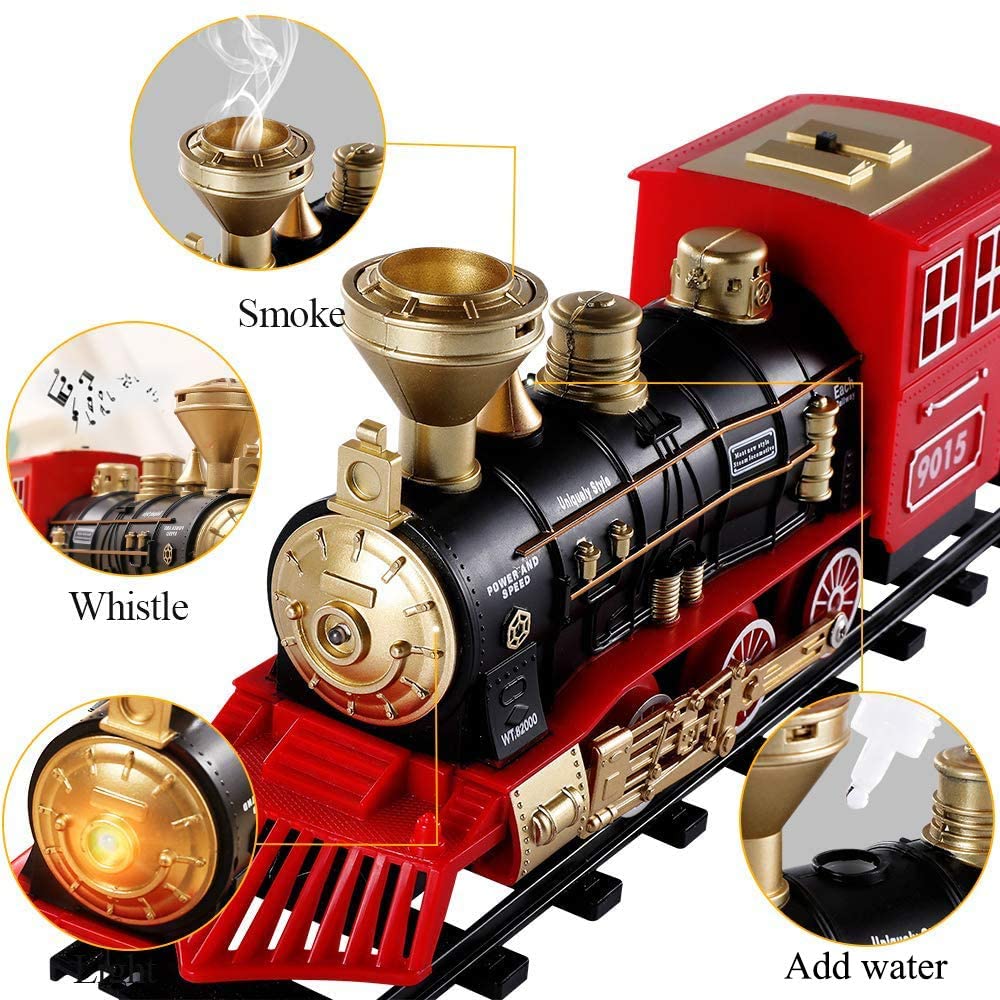 TEMI Train Sets w/ Steam Locomotive Engine, Cargo Car and Tracks, Battery Operated Play Set Toy w/ Smoke, Light & Sounds, Perfect for Kids, Boys & Girls, Red