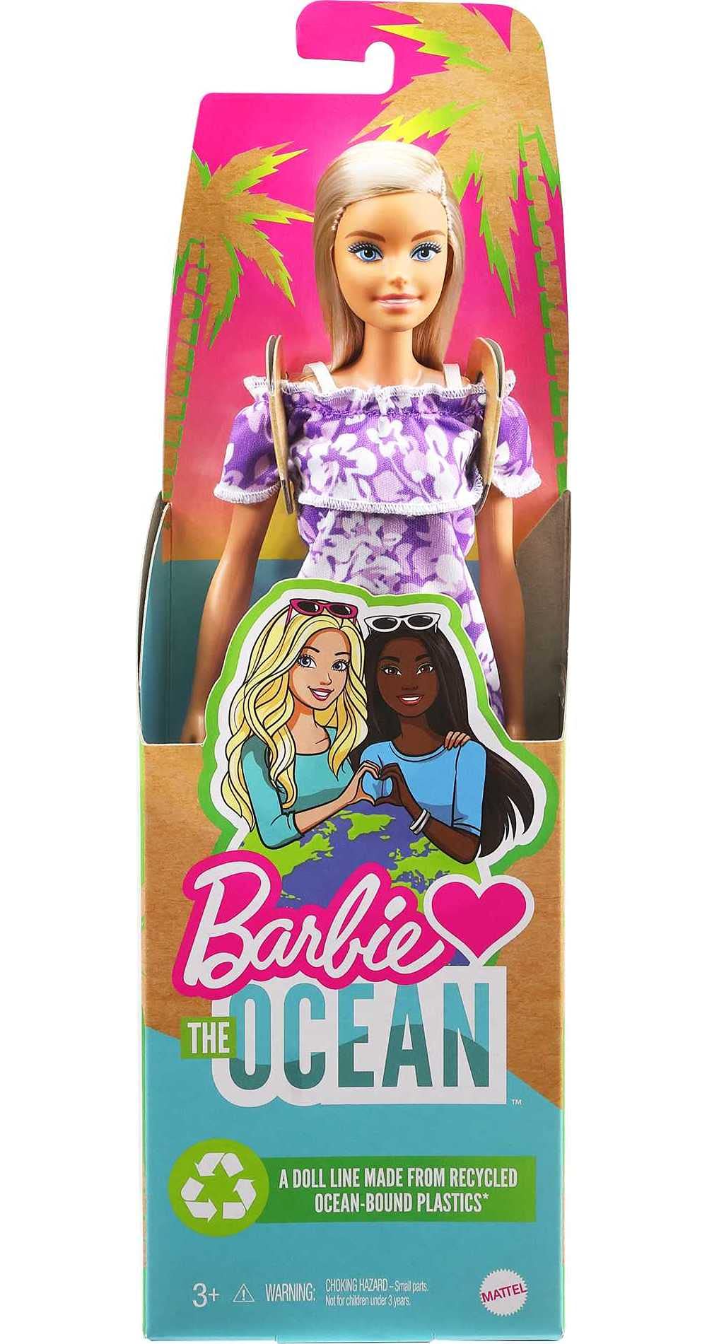 Barbie Loves The Ocean Beach-Themed Doll (11.5-inch Blonde), Made from Recycled Plastics, Wearing Fashion & Accessories, Gift for 3 to 7 Year Olds