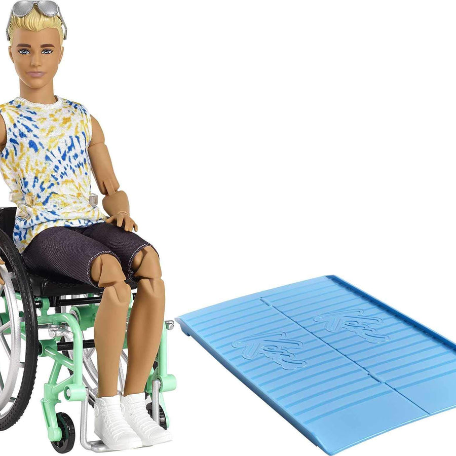 Barbie Ken Fashionistas Doll #167 with Wheelchair & Ramp Wearing Tie-Dye Shirt, Black Shorts, White Sneakers & Sunglasses, Toy for Kids 3 to 8 Years Old