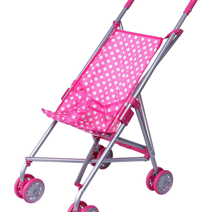Precious Toys Baby Doll Stroller, Foldable Play Stroller, Fits Dolls 18 Inches, Extra Stability, Fully Assembled, Color Pink and White Polka Dots, Lead Free Paint, Gifts for Toddlers and Girls Ages 2+