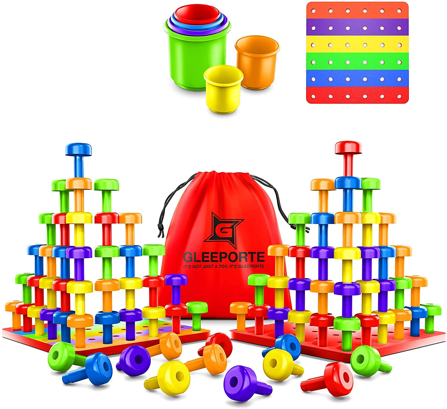 Stacking Peg Board Set Toy | JUMBO PACK | 60 Pegs & Board + FREE Stacking Cups + FREE Colorful Board + FREE Storage Bag | STEM Color Learning Montessori Occupational Therapy Fine Motor Skills Toddlers