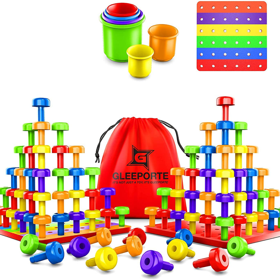 Stacking Peg Board Set Toy | JUMBO PACK | 60 Pegs & Board + FREE Stacking Cups + FREE Colorful Board + FREE Storage Bag | STEM Color Learning Montessori Occupational Therapy Fine Motor Skills Toddlers