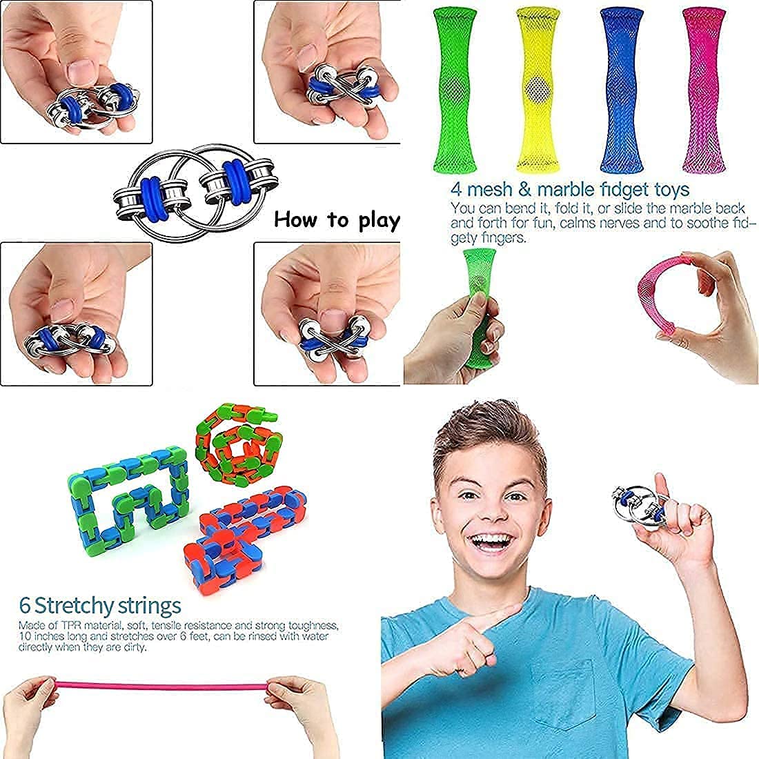 RURING 30pcs Fidget Toys Sensory Fidget Toys Set Fidget Toys Set Tangle Fidget Toys Anti-Anxiety Tools and Special Toys Fidget Toys Relieves Stress Squeeze Toy for Birthday Party Rainbow Colors