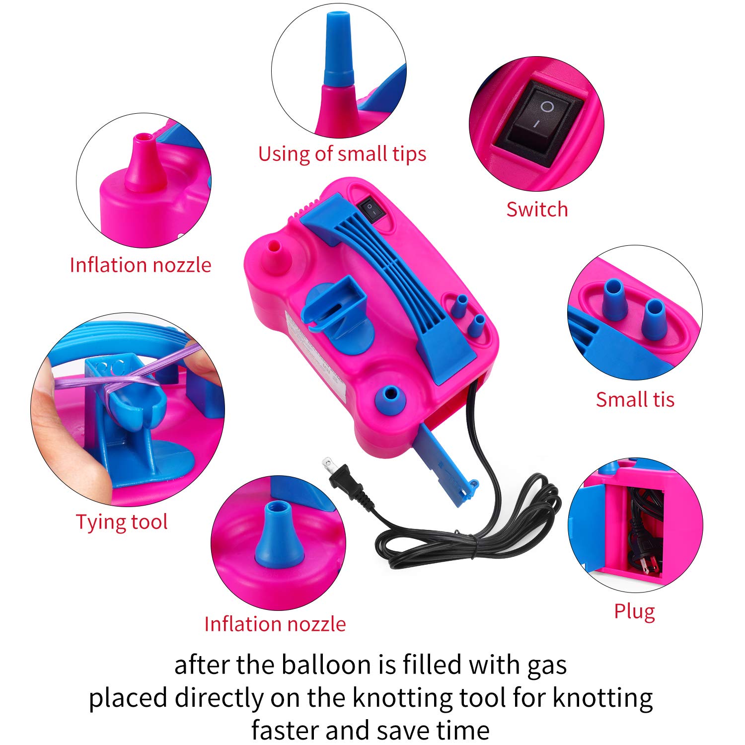 PCFING Electric Air Balloon Pump and Balloon Tying Tool in One, Portable Dual Nozzle Electric Balloon Blower Air Pump Balloons Inflator with Tying Tool on Pump for Decoration, Party and Save Time