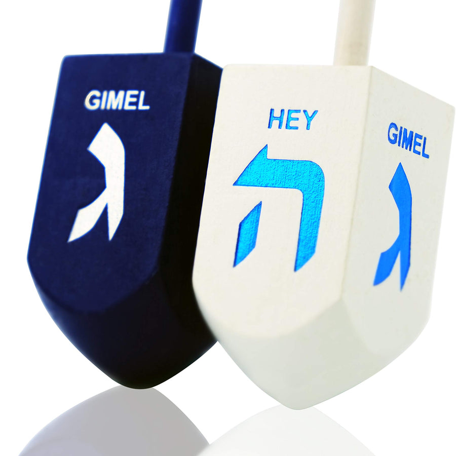 Let's Play Dreidel The Hanukkah Game Extra Large Blue & White Wood Dreidels - Instructions Included! - D10 (2-Pack XL Dreidels)