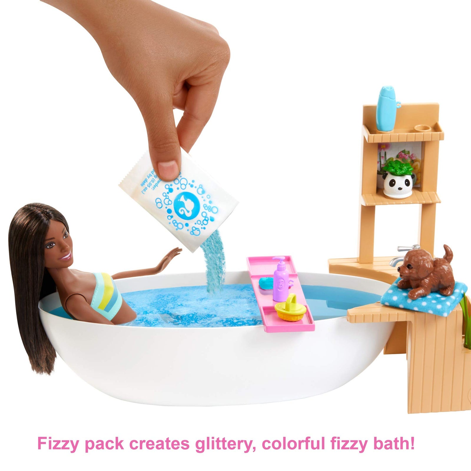 Barbie Fizzy Bath Doll & Playset, Blonde, with Tub, Fizzy Powder, Puppy & More, Gift for Kids 3 to 7 Years Old