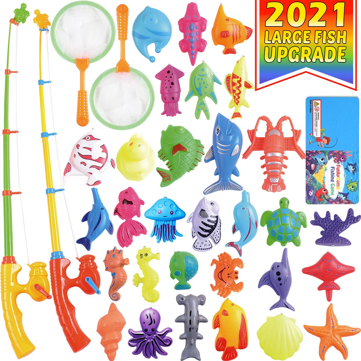 CozyBomB Magnetic Fishing Pool Toys Game for Kids - Water Table Bathtub Kiddie Party Toy with Pole Rod Net Plastic Floating Fish Toddler Color Ocean Sea Animals Age 3 4 5 6 Year Old