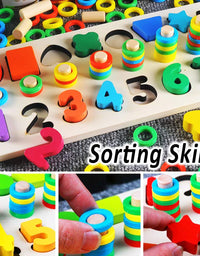 CozyBomB Wooden Number Puzzle Sorting Montessori Toys for Toddlers - Shape Sorter Counting Game for Age 3 4 5 Year olds Kids - Preschool Education Math Stacking Block Learning Wood Chunky Jigsaw
