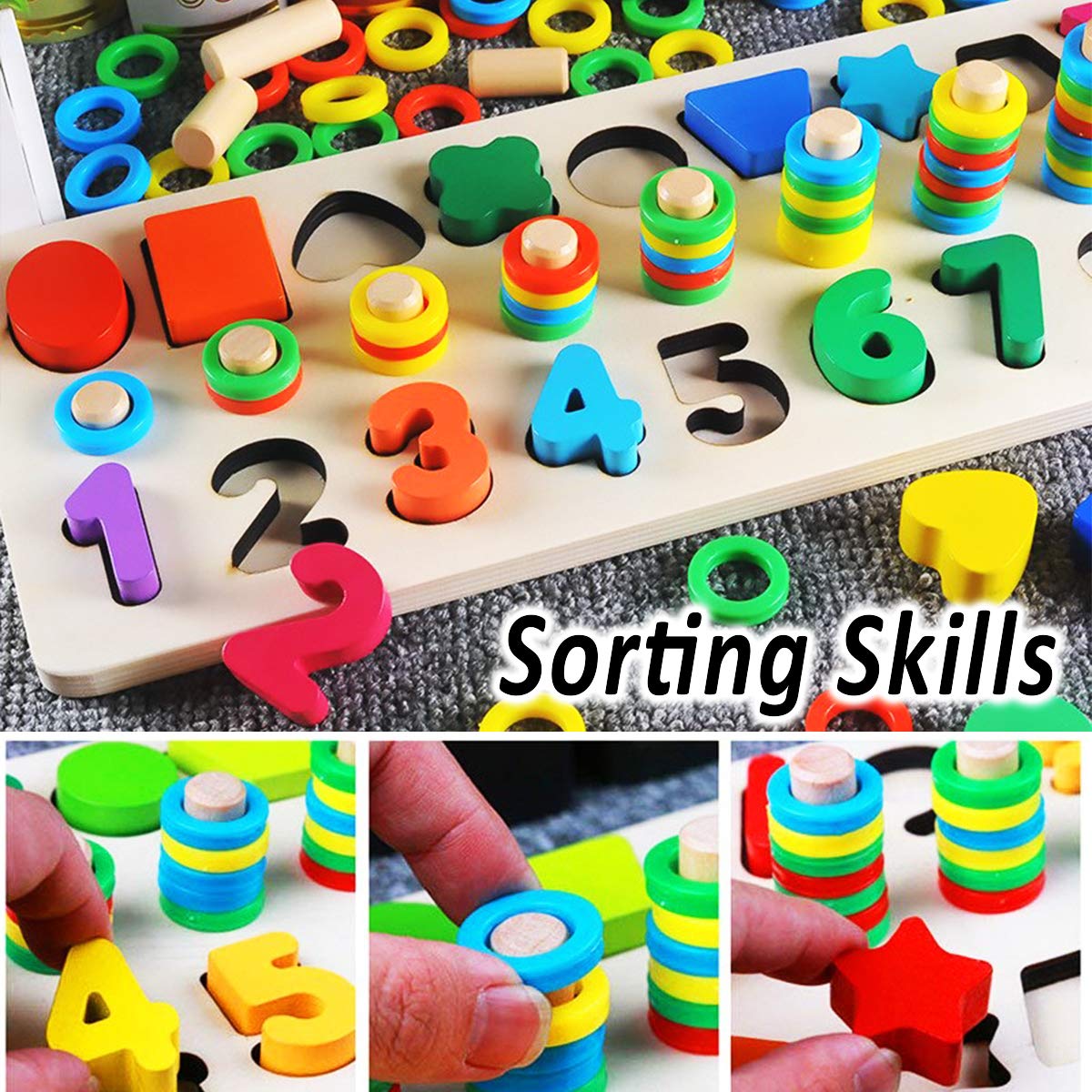 CozyBomB Wooden Number Puzzle Sorting Montessori Toys for Toddlers - Shape Sorter Counting Game for Age 3 4 5 Year olds Kids - Preschool Education Math Stacking Block Learning Wood Chunky Jigsaw