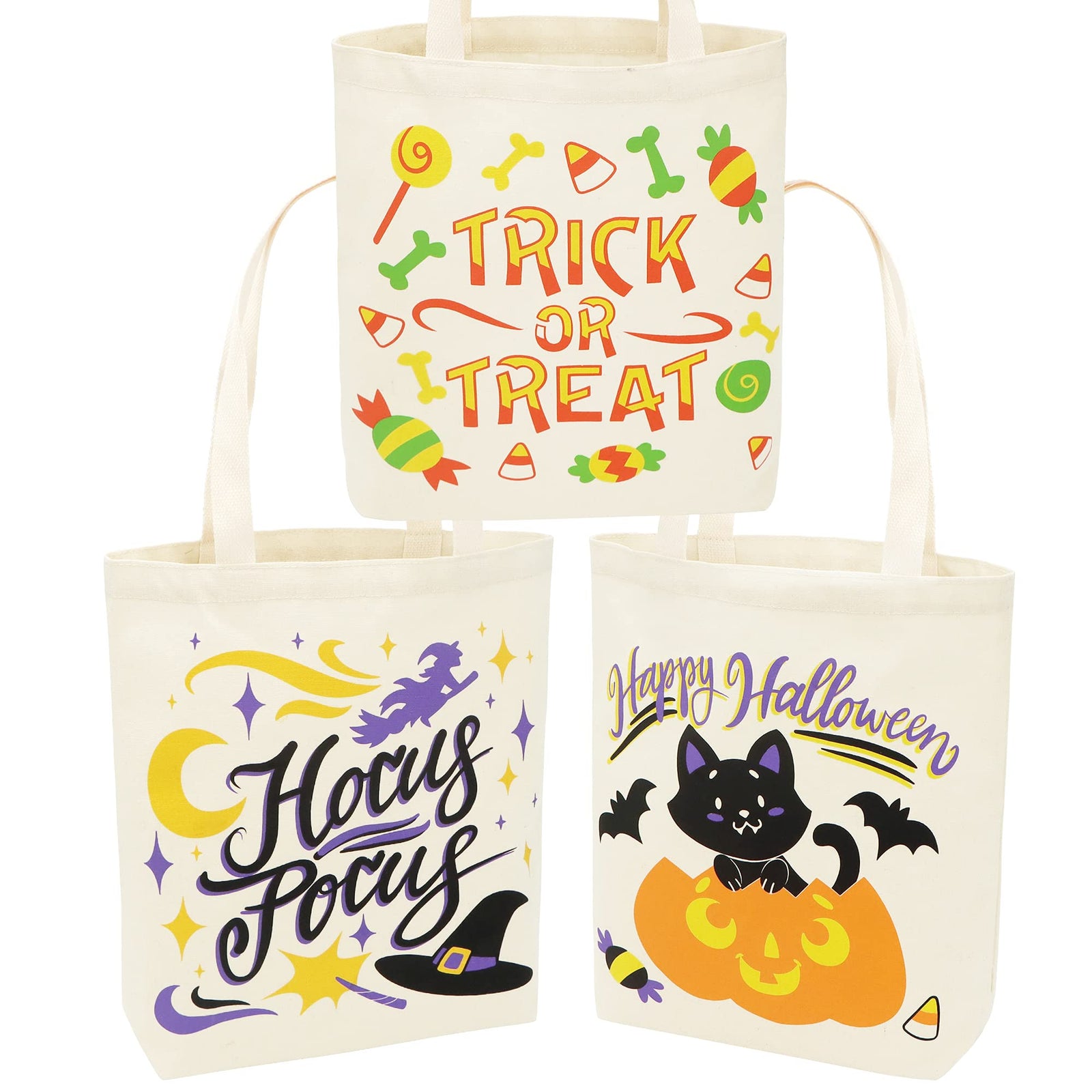 JOYIN 3 Pcs Large Halloween Canvas Tote Bags, Reusable Grocery Shopping Bag for Trick-or-Treating, Halloween Party Favors, Halloween Snacks, Event Party Favor Supplies, Halloween Trick or Treat Bags