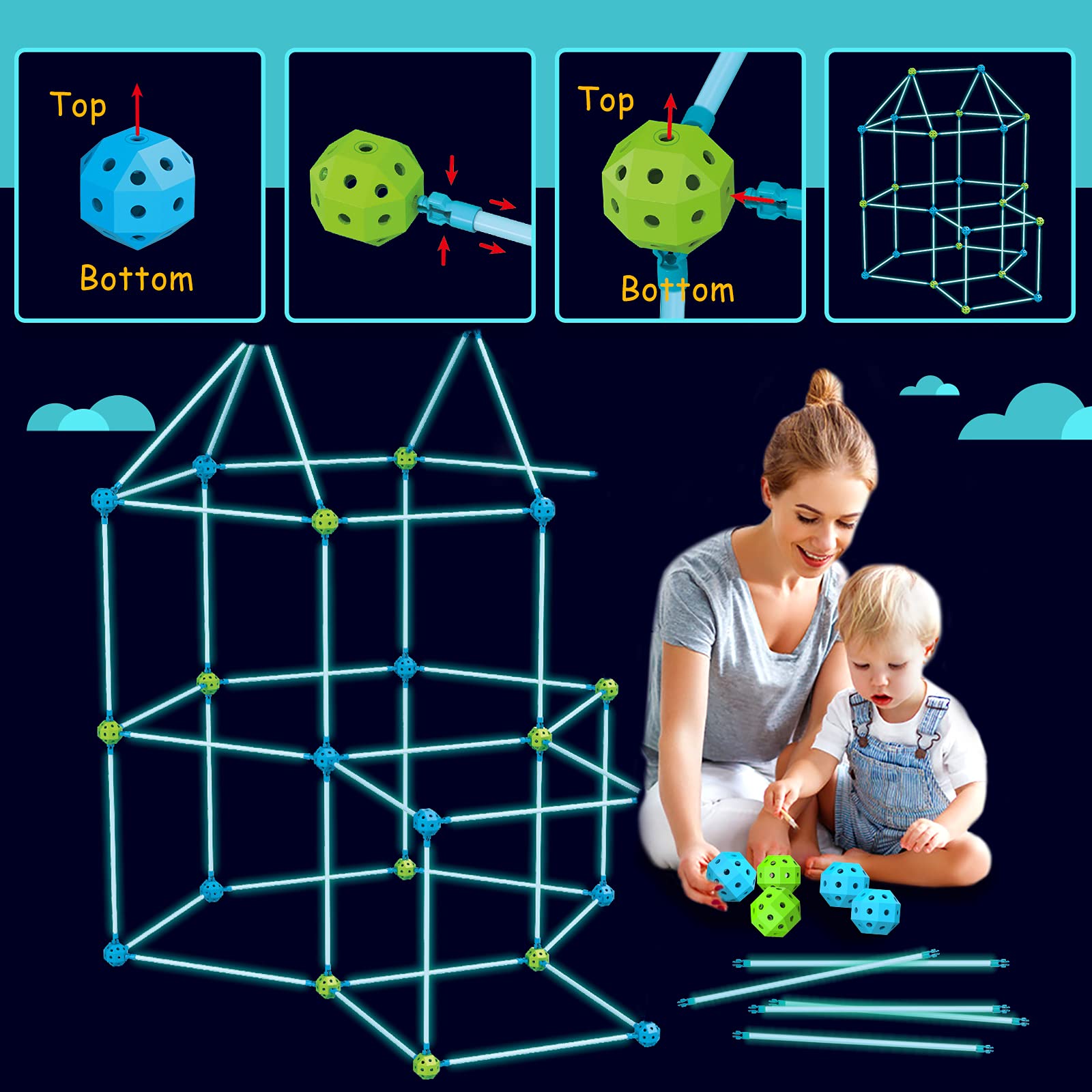 9IUoom Fort Building Kit for Kids 120 Pieces Glow in The Dark Air Forts Builder Gift Construction Toys for 3 4 5 6 7 8 9+ Years Old Boys Girls DIY Fun Fort Building Tunnels Play Tent Indoor Outdoor