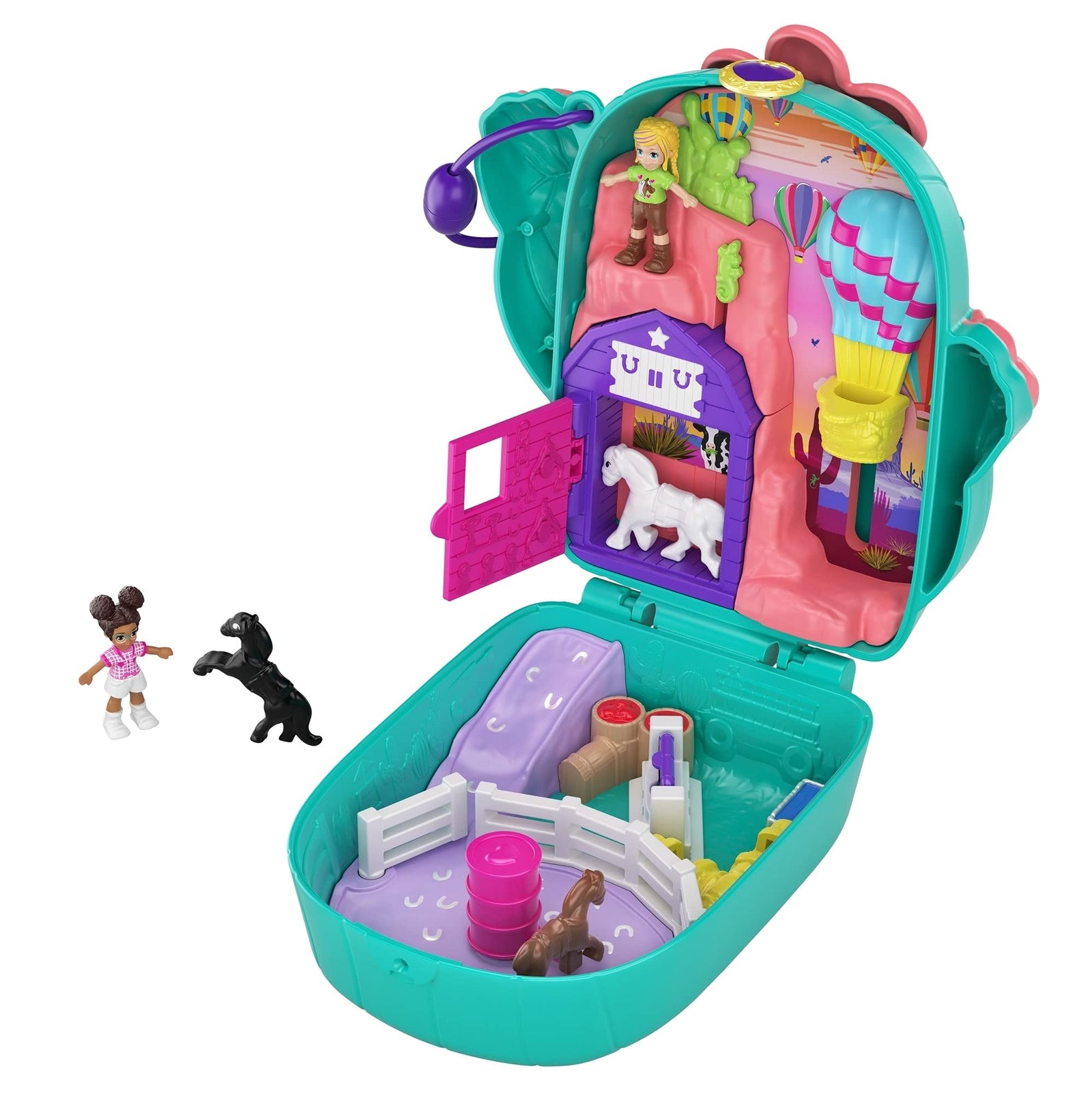 Polly Pocket Pocket World Cactus Cowgirl Ranch Compact with Fun Reveals, Micro Polly and Shani Dolls, 2 Horse Figures and Sticker Sheet for Ages 4 and Up [Amazon Exclusive]