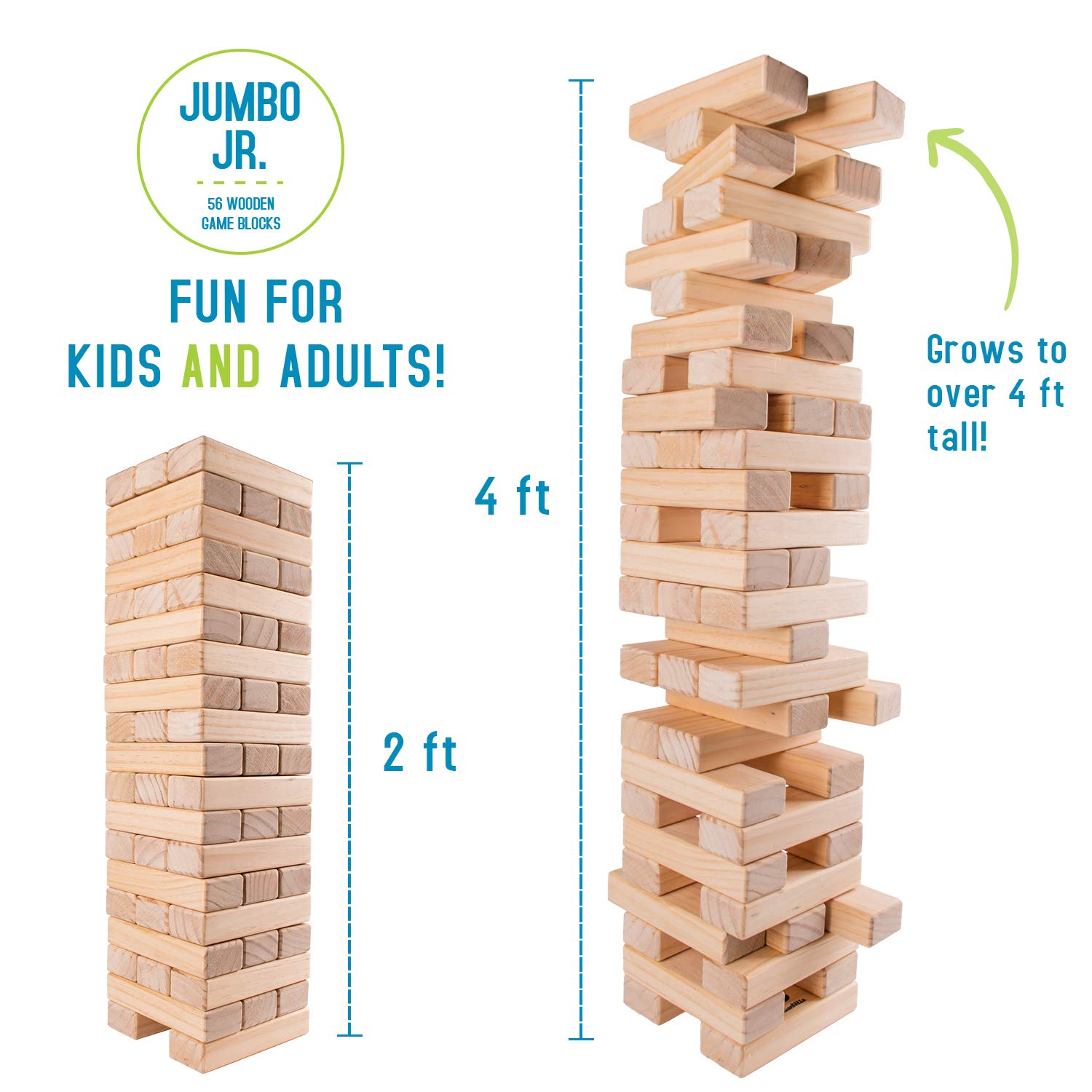 Giant Tumbling Timber Toy - Jumbo JR. Wooden Blocks Floor Game for Kids and Adults, 56 Pieces, Premium Pine Wood, Carry Bag - Grows from 2-feet to Over 4-feet While Playing, Life Size Yard Tower Game