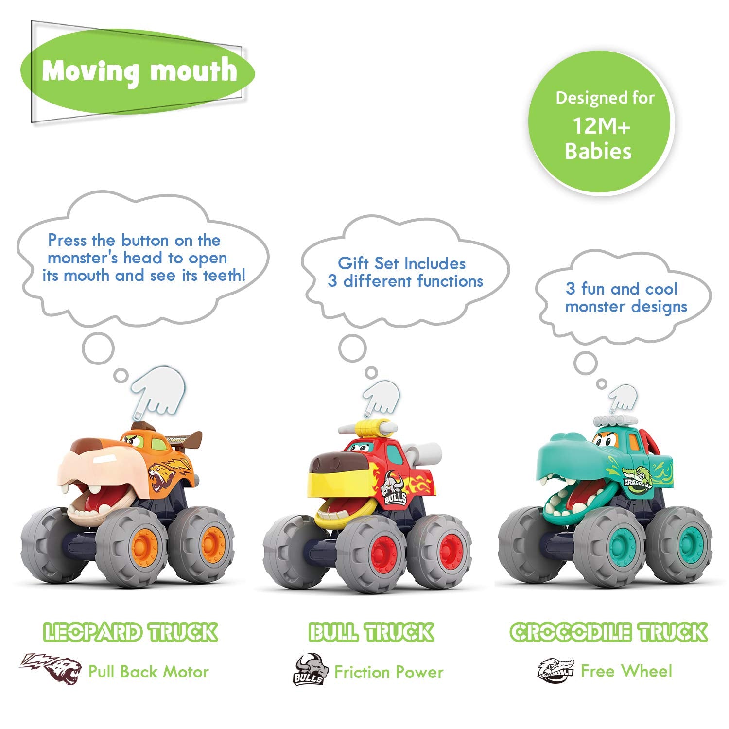 MOONTOY Toy Cars for 1 2 3 Year Old Boys, 3 Pack Friction Powered Cars Pull Back Toy Cars Set - Bull Truck, Leopard Truck, Crocodile Trucks, Push and Go Toy Cars for Toddler Boys Baby Gift.