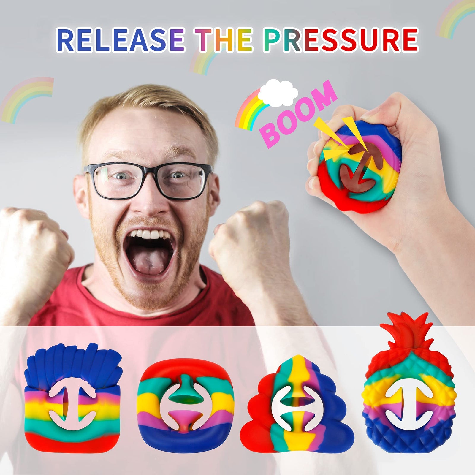 5 Pack Finger Sensory Toy Fidget Snapper Pack, Snap Grip Grab Squeeze Toy for Stress Anxiety Relief, Miniature Novelty Party Popper Noise Maker Hands Toy for Kids Adult ADHD Snap it Rainbow Colorful
