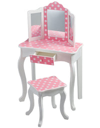 Teamson Kids Gisele Polka Dot Wooden Vanity Set with Tri-Fold Mirror and Chair Table & Stool Set, Pink/White
