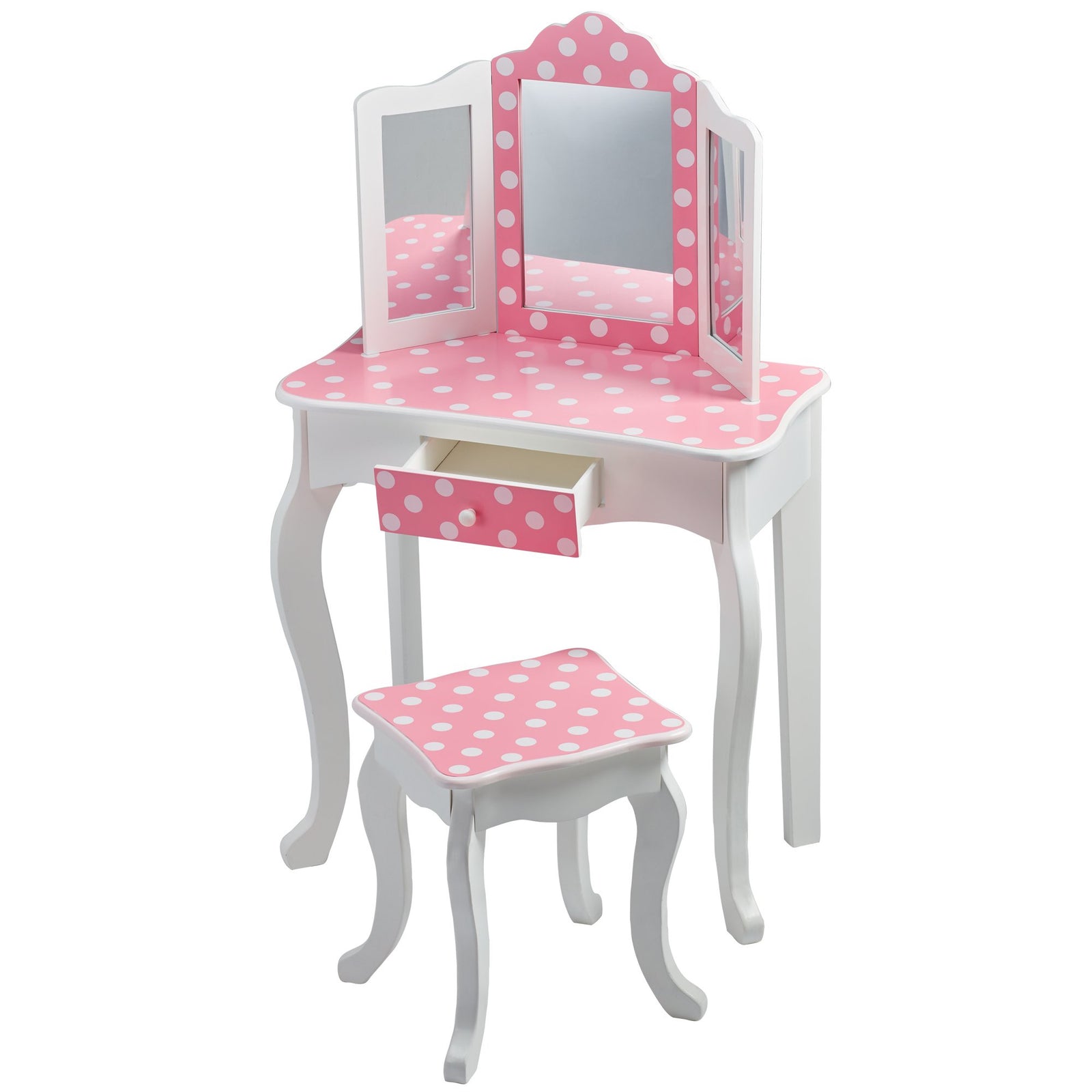 Teamson Kids Gisele Polka Dot Wooden Vanity Set with Tri-Fold Mirror and Chair Table & Stool Set, Pink/White