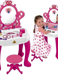 WolVolk 2-in-1 Vanity Set Girls Toy Makeup Accessories with Working Piano & Flashing Lights, Big Mirror, Cosmetics, Working Hair Dryer - Glowing Princess Will Appear When Pressing The Mirror-Button
