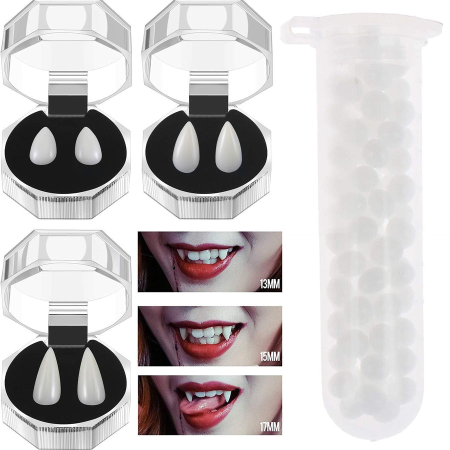 VOVEA Halloween Vampire Teeth Fangs with Adhesive, Halloween Party Costume Cosplay Props White Horror Fake Teeth Party Favors Dress Up Accessories, 3 Pairs 3 Sizes