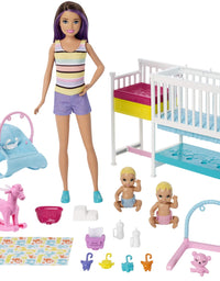 Barbie Nursery Playset with Skipper Babysitters Doll, 2 Baby Dolls, Crib and 10+ Pieces of Working Baby Gear and Themed Toys, Gift Set for 3 to 7 Year Olds, Multicolor
