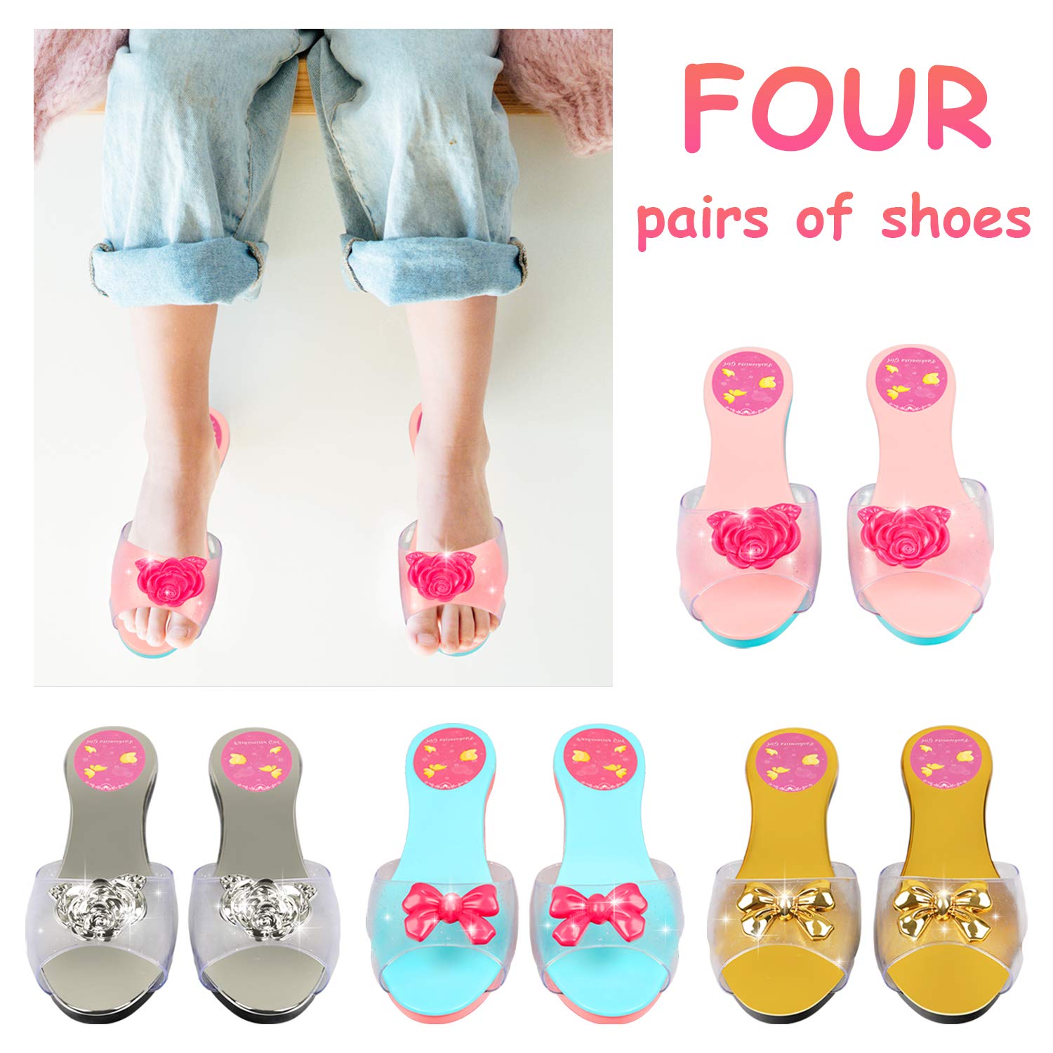 Princess Jewelry Boutique Dress Up & Elegant Shoe(4 Pairs of Girls Heels Shoes), Role Play Fashion Accessories of Crowns, Necklaces, Bracelets, Rings, Girls Beauty Gift Toys for Age 2 3 4 5 6 Year Old