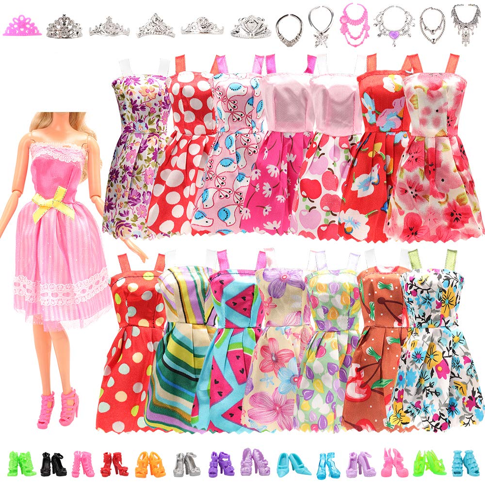 BARWA 32 pcs Doll Clothes and Accessories 10 pcs Party Dresses 22 pcs Shoes, Crown, Necklace Accessories for 11.5 inch Doll