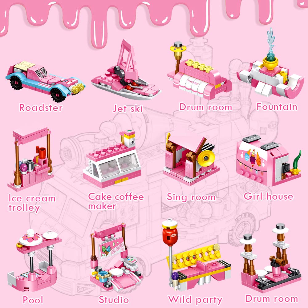 VATOS Girls Building Blocks Toys 553 Pieces Ice Cream Truck Set Toys for Girls 25 Models Pink Building Bricks Toys STEM Toys Construction Play Set for Kids Best Gifts for Girls Age 6-12 and Up