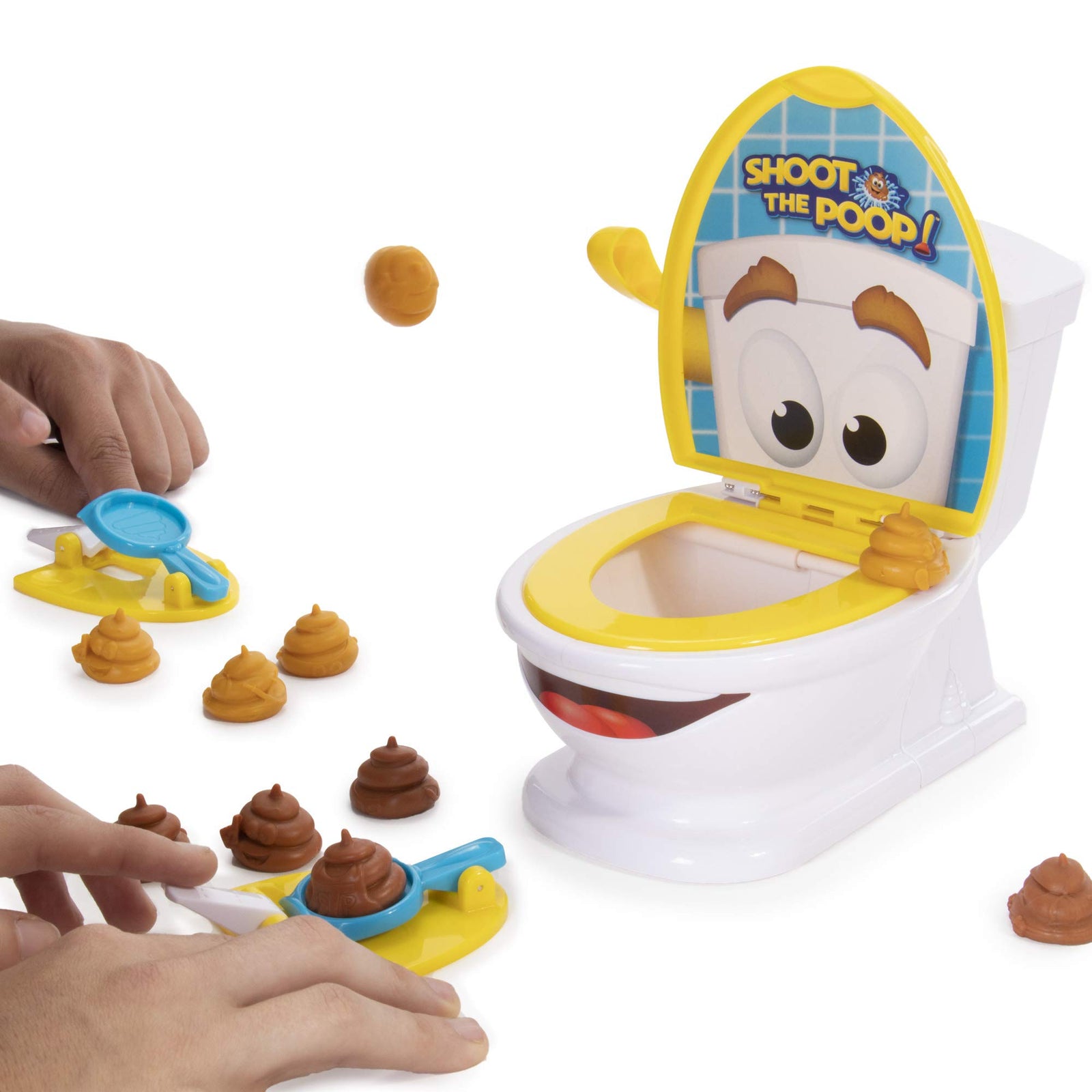 Shoot The Poop - Funny Family Game - Fast and Frenzied Flushing Poop Game for Kids - Includes Talking Toilet Bowl, Dexterity Launchers, 12 Soft Plastic Poops