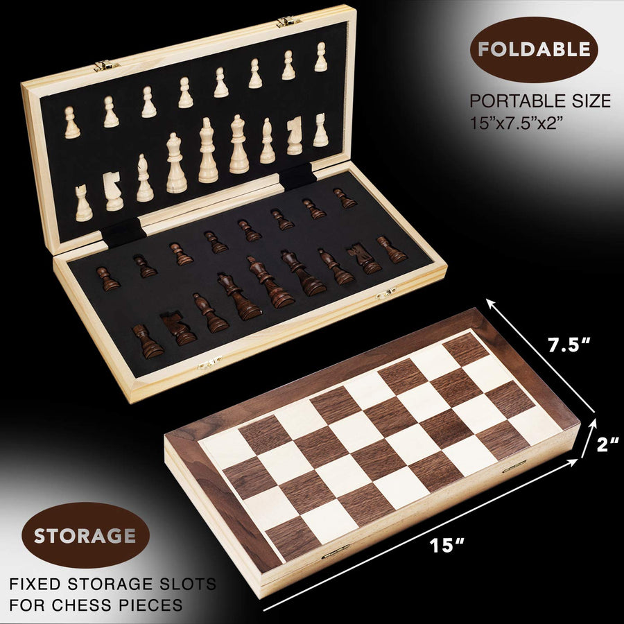 Amerous 15 Inches Magnetic Wooden Chess Set - 2 Extra Queens - Folding Board, Handmade Portable Travel Chess Board Game Sets with Game Pieces Storage Slots - Beginner Chess Set for Kids and Adults