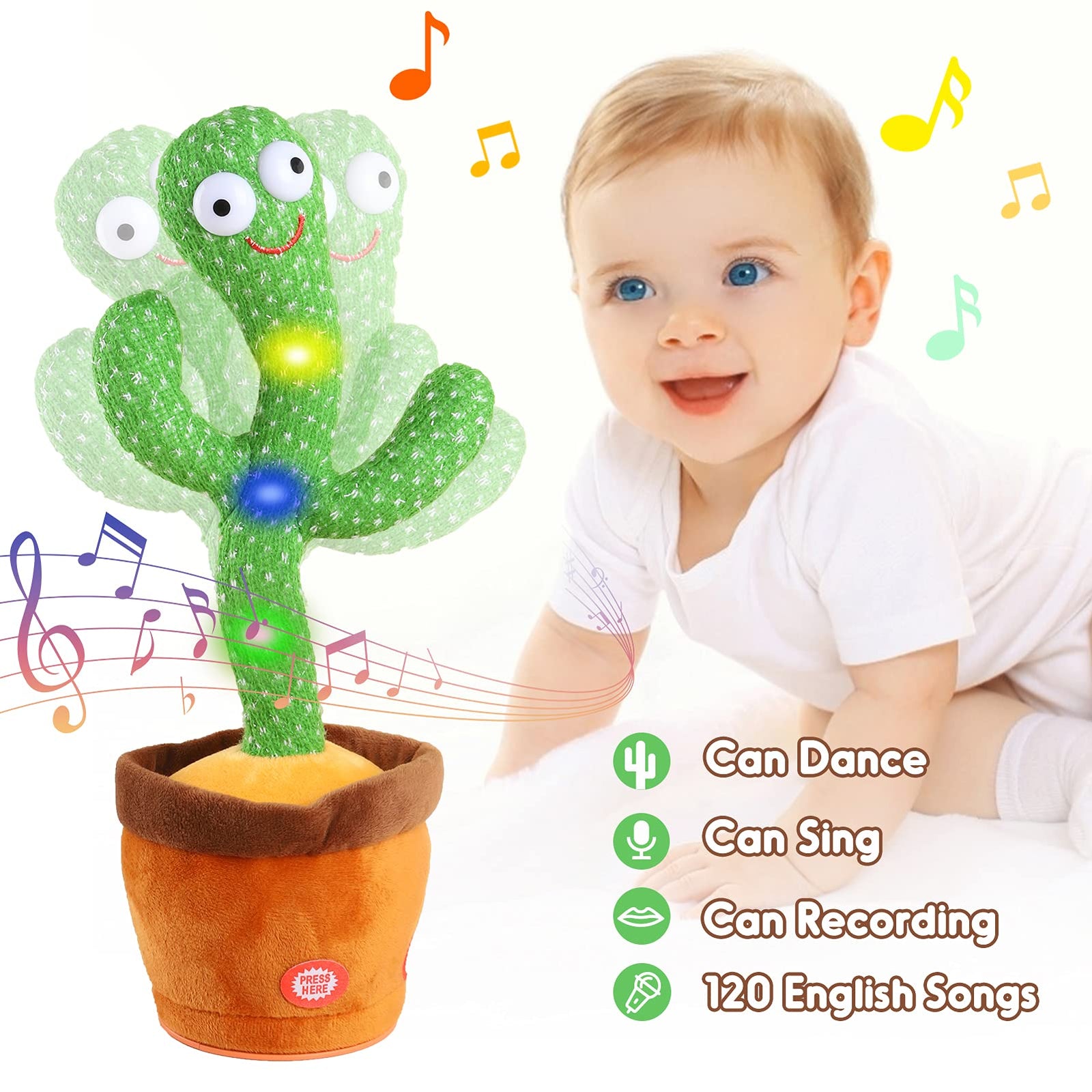 Kids Dancing Cactus Toys for Baby Boys and Girls, Talking Sunny Cactus Toy Electronic Plush Toy Singing, Record & Repeating What You Say with 120 English Songs and LED Lighting for Home Decor