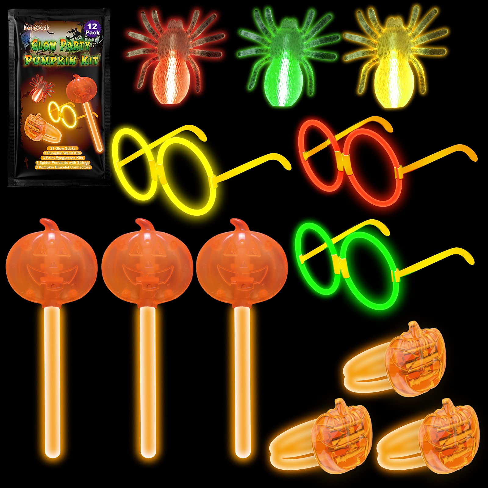 BainGesk Halloween Glow Sticks, Pumpkin Set Party Gift for Kid, 36pk Glow in the Dark Party Favor, Trick or Treat Party Decoration with 3 Fake Bugs, 3 Pumpkin Wand, 3 Pumpkin Bracelets, 3 Glasses