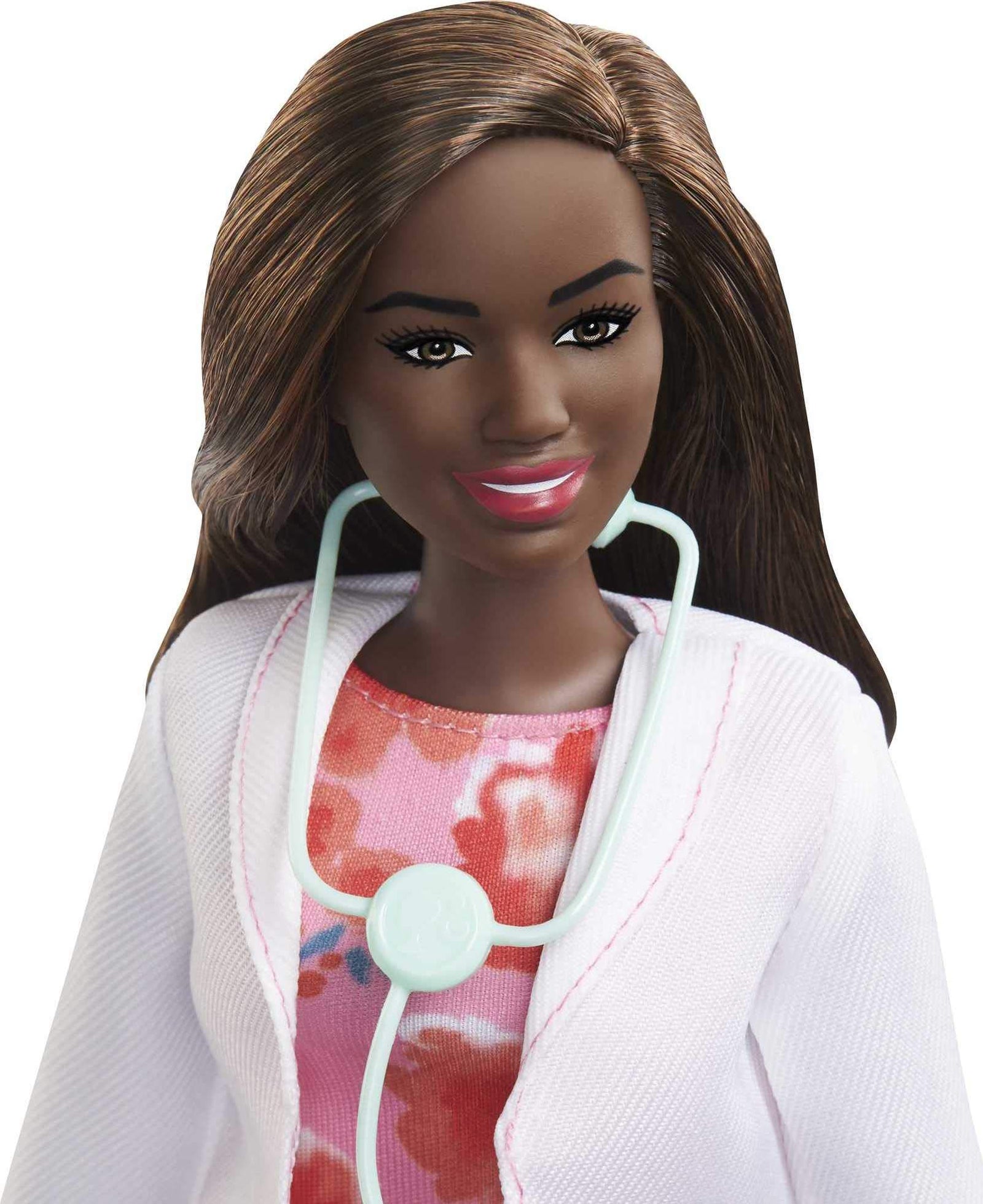 Barbie Doctor Doll (12-in/30.40-cm), Brunette Hair, Curvy Shape, Doctor Coat, Print Dress, Stethoscope Accessory, Great Toy Gift for Ages 3 Years Old & Up , White