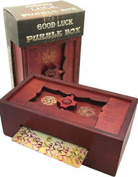 Good Luck Puzzle Box Secret - Money and Gift Card Holder in a Wooden Magic Trick Lock with Hidden Compartment Piggy Bank Brain Teaser Game
