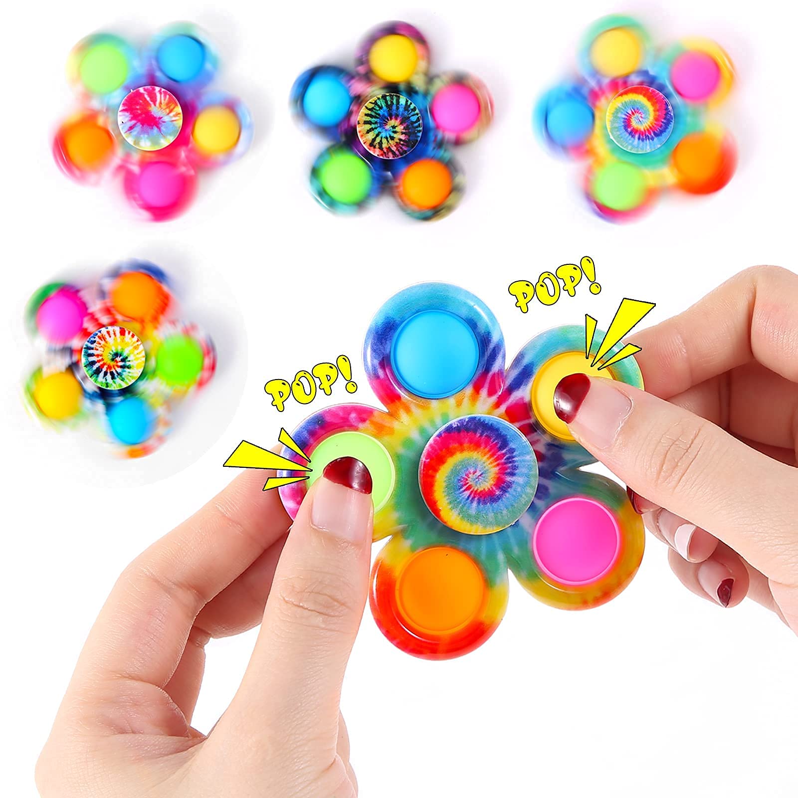 Effacera Pop Fidget Spinner Toys 4 Pack, Tie-Dye Popper Pop Bubble Spinner Set, Party Favors Sensory Fidget Bulk Pack Toys, Pop Hand Spinners, for Kids Teen Girl or Boy