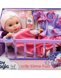 Baby Magic Crib Time Fun (6556), 12” Soft body baby doll, 6 different baby sounds, molded crib, accessories and bonus outfit. Age 2+, Caucasian [Amazon Exclusive]
