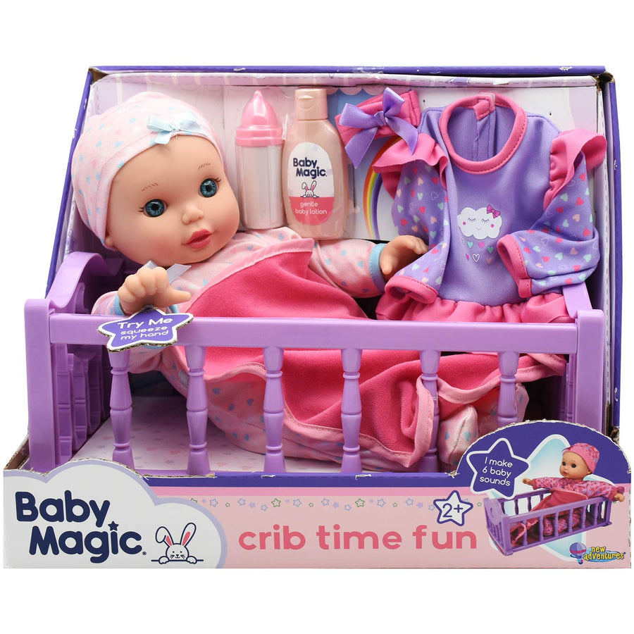 Baby Magic Crib Time Fun (6556), 12” Soft body baby doll, 6 different baby sounds, molded crib, accessories and bonus outfit. Age 2+, Caucasian [Amazon Exclusive]