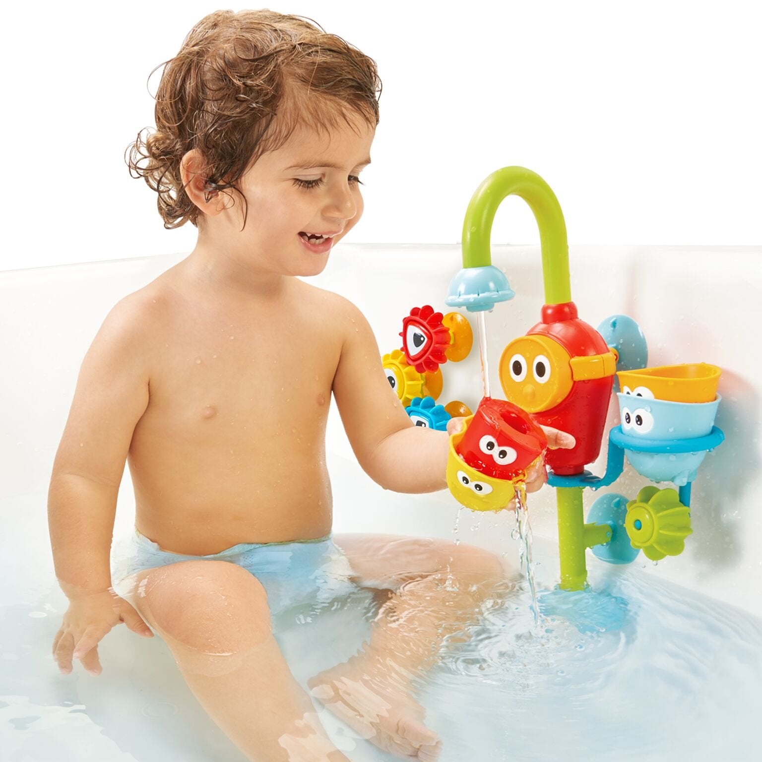 Yookidoo Bath Toys (For Toddlers 1-3) - Spin N Sort Spout Pro - 3 Stackable Cups, Hose and Spout, Spinning Suction Cups For Kids Bathtime Fun