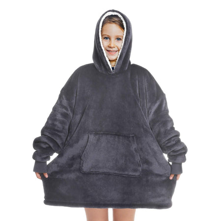 Touchat Wearable Blanket Hoodie, Oversized Sherpa Blanket Sweatshirt with Hood Pocket and Sleeves, Super Soft Warm Plush Hooded Blanket for Kids, One Size Fits All (Grey)