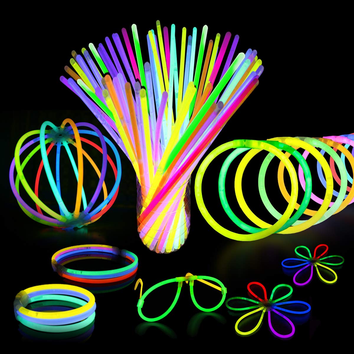 Glow Sticks 100 Bulk for Halloween- Glow in The Dark Party Supplies-12 Hours Glow Party Pack 8 inch with Connectors Neon Glow Eye Glasses Bracelets Necklaces for Kids Camping Accessories 205 Pcs…