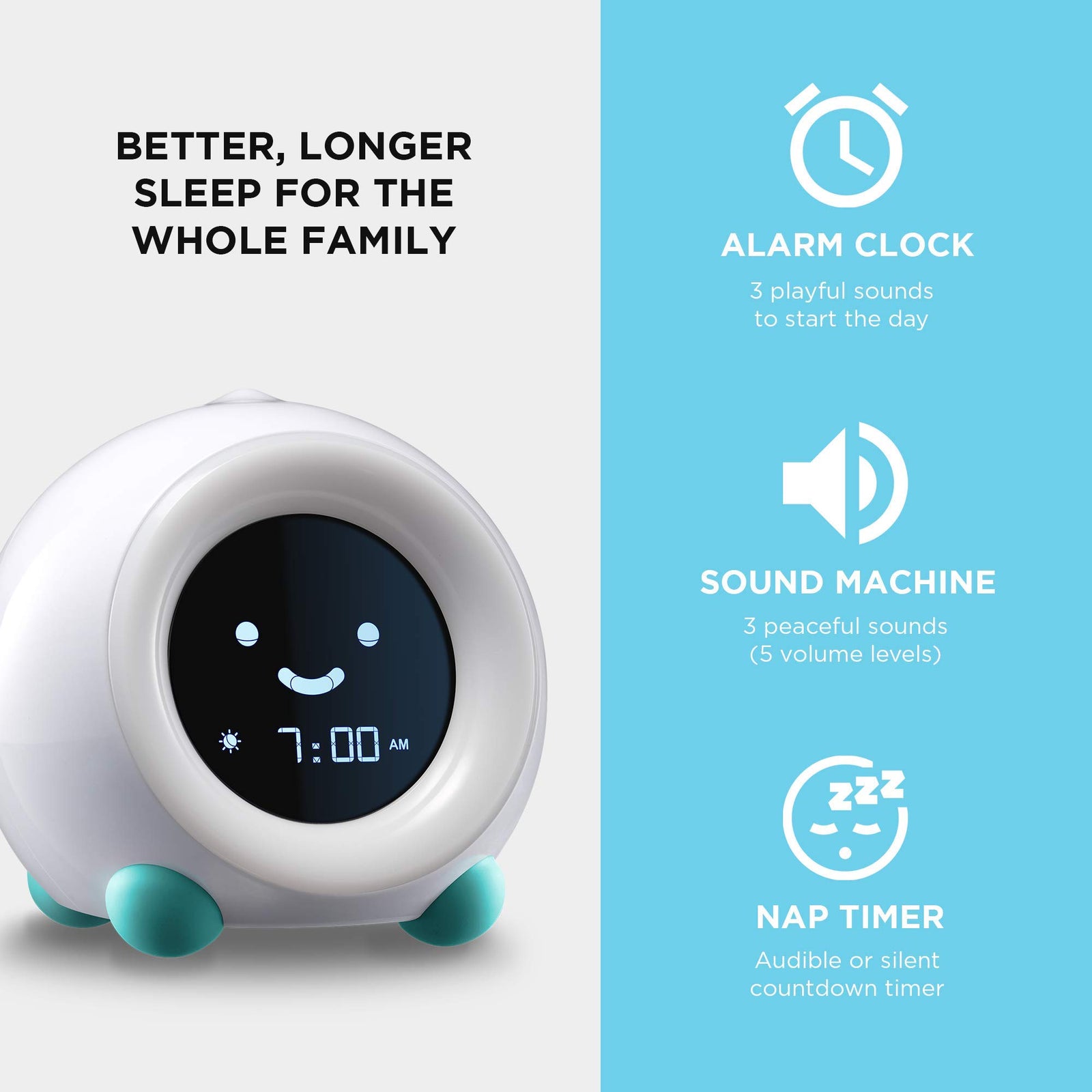 LittleHippo Mella Ready to Rise Children's Trainer, Alarm Clock, Night Light Sleep Sounds Machine (Arctic Blue), Standard