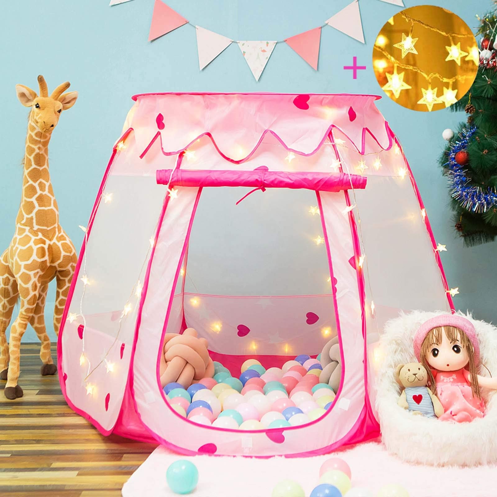 Crayline Pop Up Princess Tent with Star Light, Toys for 1 Year Old Girl Birthday Gift, Ball Pit for Toddlers Girls Toys, Easy to Pop Up and Assemble