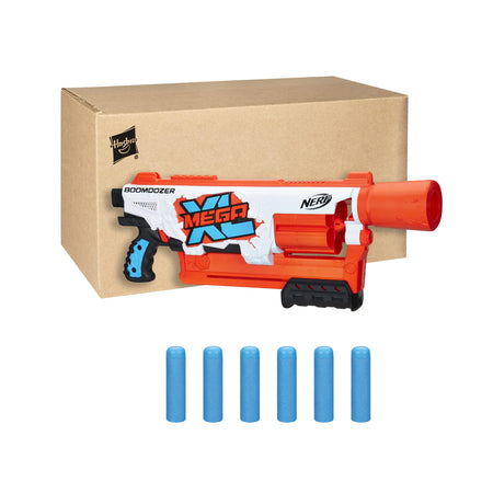 NERF Mega XL Boom Dozer Blaster, Largest Mega Darts Ever, XL 6-Dart Rotating Drum, 6 Mega XL Whistler Darts, Pump Action