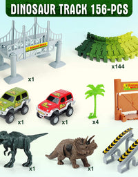 AUUGUU Kids Dinosaur Race Car Track with Flexible Track, Dino Toys, Bridge, Ramps and 2 Race Car Toys – Prehistoric Race Track for Kids Age 3-5
