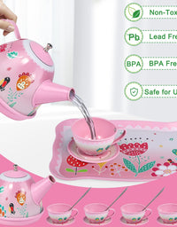 PRE-WORLD Tea Party Set for Little Girls, Princess Tea Time Toy Including Dessert,Cookies,Doughnut,Teapot Tray Cake, Tablecloth & Carrying Case,Kids Kitchen Pretend Play for Girls Boys Age 3-6
