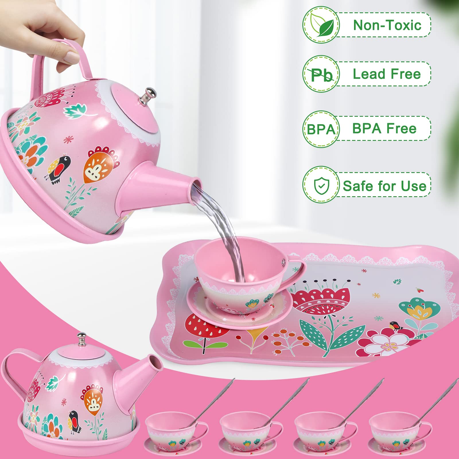 PRE-WORLD Tea Party Set for Little Girls, Princess Tea Time Toy Including Dessert,Cookies,Doughnut,Teapot Tray Cake, Tablecloth & Carrying Case,Kids Kitchen Pretend Play for Girls Boys Age 3-6