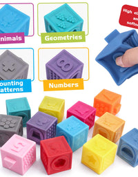 OWNONE 1 Baby Soft Blocks, 16PCS Stacking Building Blocks, Teething & Squeezing Toys for Babies, Cube Blocks with Numbers Animals Fruits, Soft Toys for Babies Infants Toddlers Age 6 to 12 Months Up
