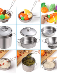 Juboury Kitchen Pretend Play Toys with Stainless Steel Cookware Pots and Pans Set, Cooking Utensils, Apron & Chef Hat, Cutting Vegetables for Kids, Girls, Boys, Toddlers
