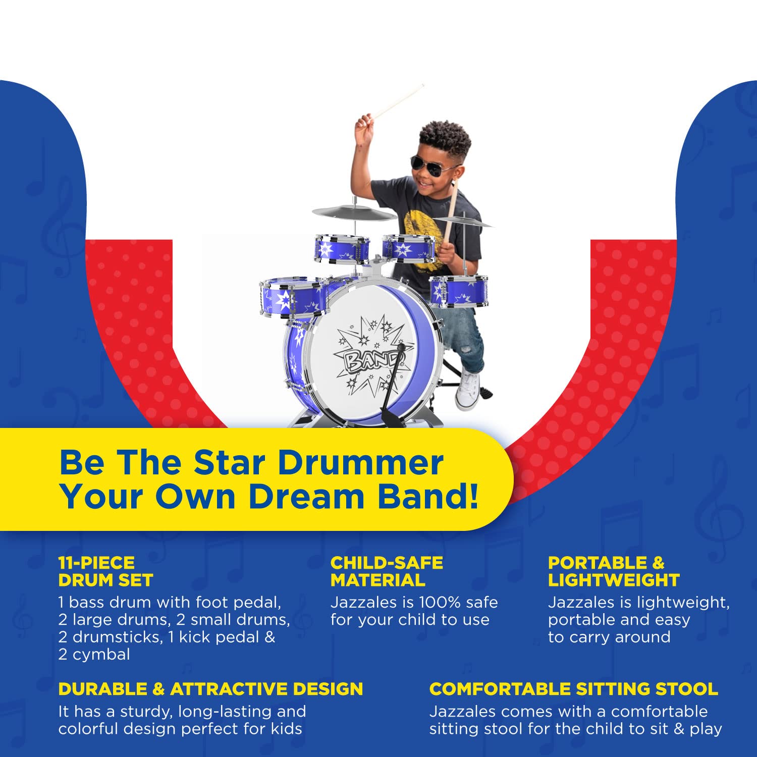 EMAAS Kids Jazz Drum Set for Kids – 5 Drums, 2 Drumsticks, Kick Pedal, Cymbal Chair, Stool – Ideal Gift Toy for Kids, Teens, Boys & Girls - Stimulates Musical Talent Imagination and Creativity