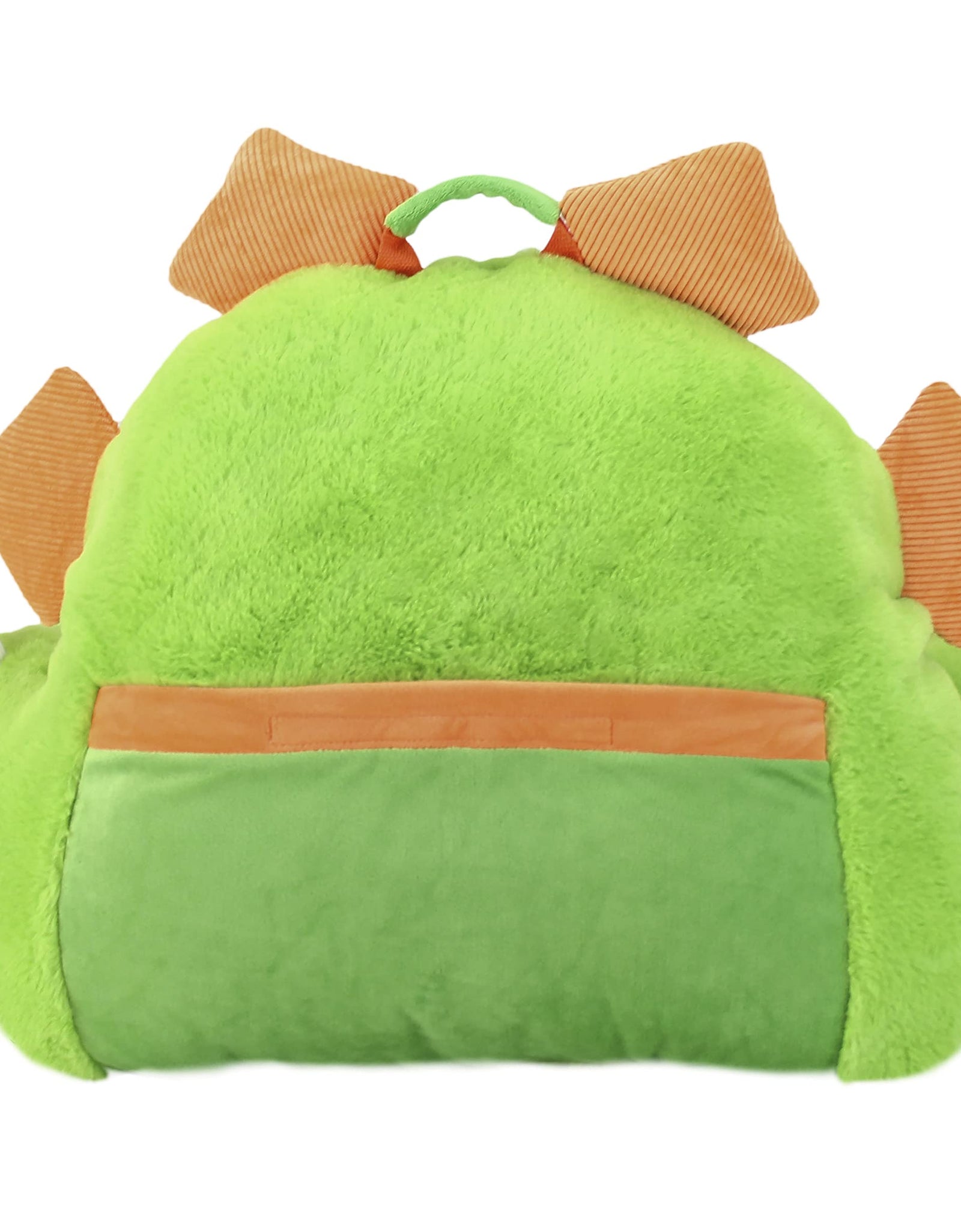 Soft Landing | Nesting Nooks | Premium Character Backrest with Carrying Handle & Back Pocket – Plush Dinosaur Backrest Green/Orange 14" x 26" x 16"